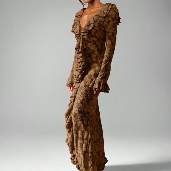 Brown Party Women's Long Sleeve Ruffle Maxi Dress - Picture 3 of 5